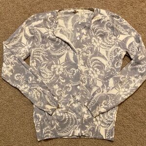 J crew merino wool cardigan, gray with slight purple tint and white button up xs